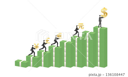 Businessman holding Dollar sign on top of banknote stack bar chart, US dollar dominance in financial stability and market growth concept Businessman holding Dollar sign on top of banknote stack bar chart, US dollar dominance in financial stability and market growth concept 136108447