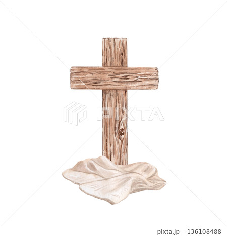 Cross with burial cloths laid beneath watercolor illustration isolated on white. Clean religious still life perfect for Easter, Lent themes, church media, sermons, and faith-based design. Symbolic 136108488