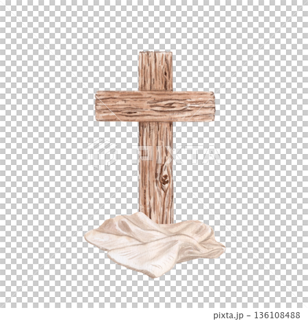 Cross with burial cloths laid beneath watercolor illustration isolated on white. Clean religious still life perfect for Easter, Lent themes, church media, sermons, and faith-based design. Symbolic 136108488