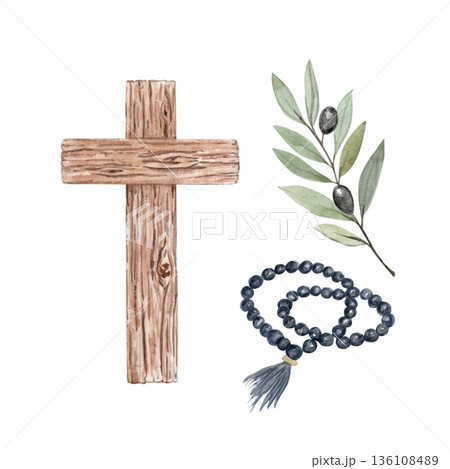 Wooden cross, prayer beads, olive branch, watercolor illustration isolated on white. Design for church posters, Lent announcements, faith publications, educational materials, Easter preparation Wooden cross, prayer beads, olive branch, watercolor illustration isolated on white. Design for church posters, Lent announcements, faith publications, educational materials, Easter preparation 136108489