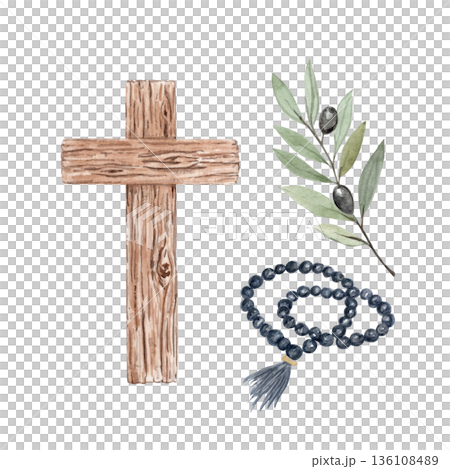 Wooden cross, prayer beads, olive branch, watercolor illustration isolated on white. Design for church posters, Lent announcements, faith publications, educational materials, Easter preparation Wooden cross, prayer beads, olive branch, watercolor illustration isolated on white. Design for church posters, Lent announcements, faith publications, educational materials, Easter preparation 136108489