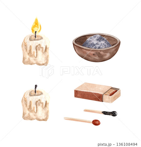 Matchbox, whole and burned match, lit and extinguished candle stub, and bowl with ash watercolor set. Design elements for Lent themes, Christian reflection, church media, sermons, and religious design 136108494