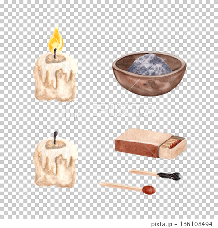 Matchbox, whole and burned match, lit and extinguished candle stub, and bowl with ash watercolor set. Design elements for Lent themes, Christian reflection, church media, sermons, and religious design 136108494