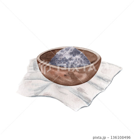 Bowl with ashes on linen cloth, watercolor illustration on white. Religious still life for Christian publications, church posters, Lent announcements, educational materials, Easter preparation designs 136108496
