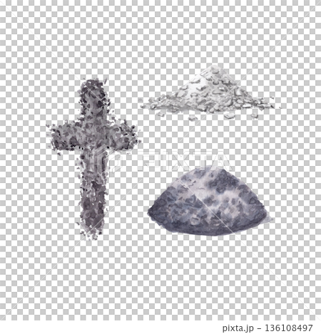 Piles of ashes, ash cross watercolor set isolated on white for Christian design, church layout, devotional content, spiritual reflection projects. Mortality, humility, repentance during Lent season 136108497