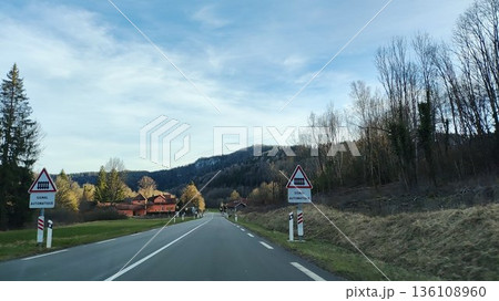 Around Canton of Jura, Switzerland - March 16 2023: Surrounding Road View Around Canton of Jura, Switzerland - March 16 2023: Surrounding Road View 136108960