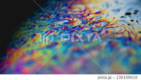 Blur ink wave. Neon oil mix. Bright color soap pigment drop gasoline flow. Purple green blue liquid stream abstract background texture. Blur ink wave. Neon oil mix. Bright color soap pigment drop gasoline flow. Purple green blue liquid stream abstract background texture. 136109010