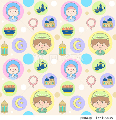 Seamless Background Ramadan Pattern with Cute Muslim Kids Mosque Lantern and Iftar Seamless Background Ramadan Pattern with Cute Muslim Kids Mosque Lantern and Iftar 136109039