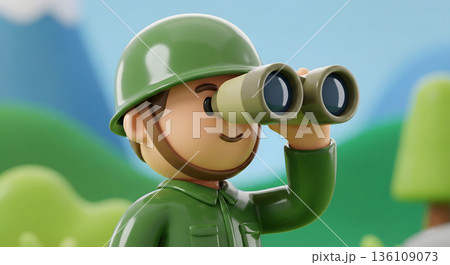 双眼鏡で遠方を監視・偵察する兵士 136109073