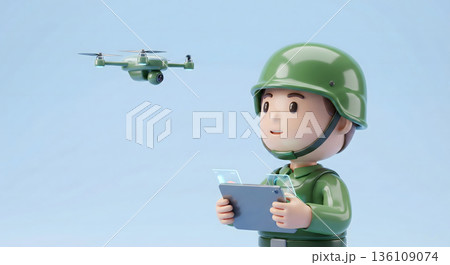 ドローンとタブレットで偵察を行う兵士 136109074