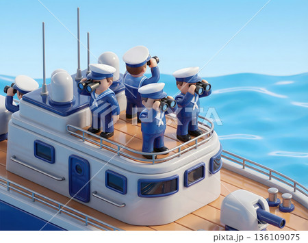 船の甲板で双眼鏡を覗く水兵たち 136109075