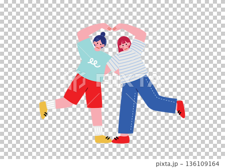 兩個女孩用手比劃出一個大大的心形。 兩個女孩用手比劃出一個大大的心形。 136109164