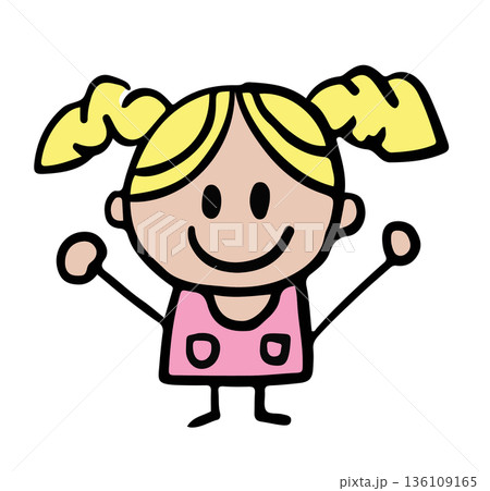 Hand drawn illustration of happy girl in pink dress for back to school, student, children, kids, childhood, people, human, sticker, tattoo, playground, family members, summer break, stick woman Hand drawn illustration of happy girl in pink dress for back to school, student, children, kids, childhood, people, human, sticker, tattoo, playground, family members, summer break, stick woman 136109165