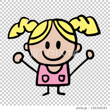 Hand drawn illustration of happy girl in pink dress for back to school, student, children, kids, childhood, people, human, sticker, tattoo, playground, family members, summer break, stick woman 136109165