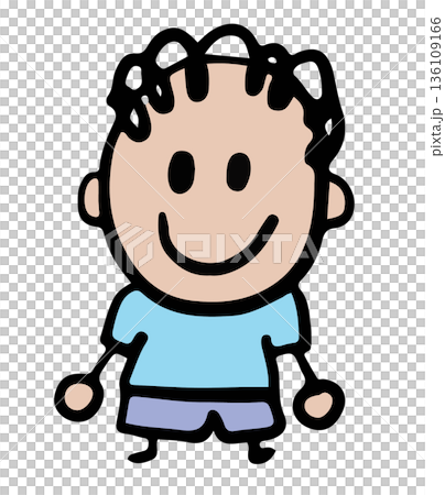 Hand drawn illustration of happy boy in blue shirt for back to school, student, children, kids, childhood, people, human, sticker, tattoo, playground, family members, summer break, stick man 136109166