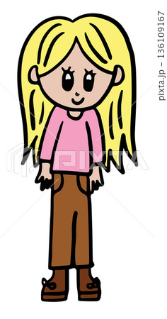 Hand drawn illustration of happy girl in pink shirt and brown pants for back to school, student, children, kids, childhood, people, human, sticker, tattoo, playground, family members, summer break 136109167