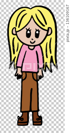 Hand drawn illustration of happy girl in pink shirt and brown pants for back to school, student, children, kids, childhood, people, human, sticker, tattoo, playground, family members, summer break 136109167
