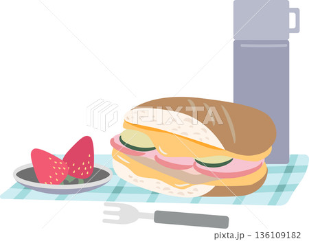サンドイッチと苺と水筒のピクニックイラスト素材 136109182