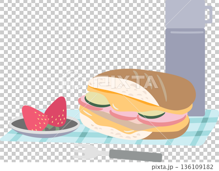 サンドイッチと苺と水筒のピクニックイラスト素材 136109182