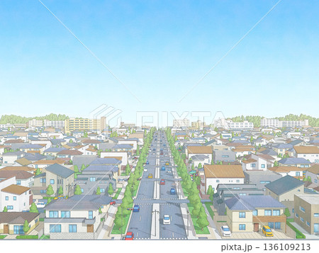住宅街 　精密水彩画風　都市　街　背景 　手描き 136109213