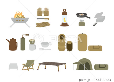 落ち着いたカラーのキャンプギアのイラストセット 136109283
