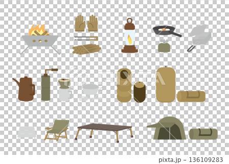 一組色調柔和的露營裝備插圖。 136109283