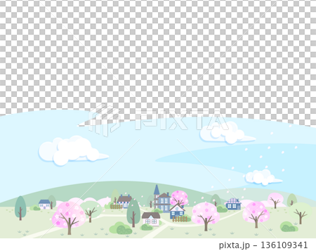 春日風景插畫,櫻花盛開。 春日風景插畫,櫻花盛開。 136109341