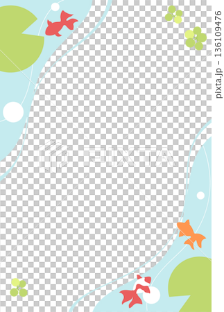 金魚と水面の涼しげな背景フレーム（暑中見舞い・ポストカード）縦 136109476