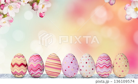 Colorful painted easter eggs decorating spring background Colorful painted easter eggs decorating spring background 136109574