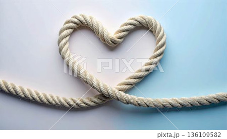 ロープで形作られたハート。強い絆、愛、信頼、永続的な関係を象徴するミニマルなコンセプト 136109582