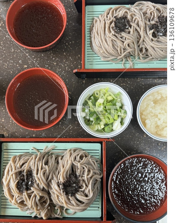 Memil Guksu, refreshing Korean buckwheat noodles served chilled with a tangy soy-based sauce, sesame seeds, and crisp vegetables. A light, healthy dish perfect for warm weather. 136109678