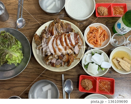 Jokbal, a Korean dish of braised pork hock, slow-cooked in a rich, savory sauce with soy, garlic, and spices. Tender and flavorful, it’s often served with lettuce wraps, garlic, and ssamjang Jokbal, a Korean dish of braised pork hock, slow-cooked in a rich, savory sauce with soy, garlic, and spices. Tender and flavorful, it’s often served with lettuce wraps, garlic, and ssamjang 136109690