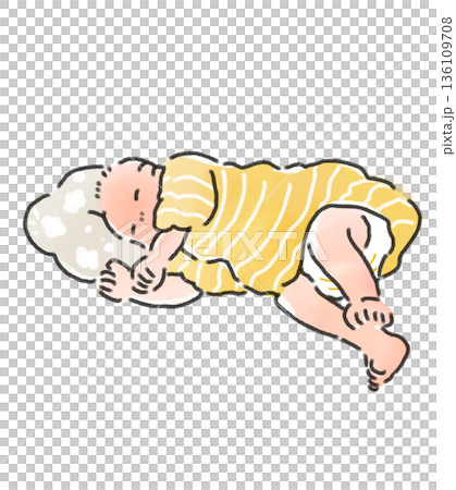 Illustration of a newborn baby sleeping sideways on a pillow. Watercolor style. Illustration for childcare, sleep, and sleep. Illustration of a newborn baby sleeping sideways on a pillow. Watercolor style. Illustration for childcare, sleep, and sleep. 136109708