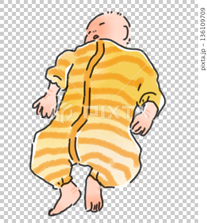 Illustration of a newborn baby lying on its back. Watercolor style. Childcare, growth, baby clothes, everyday illustrations. 136109709