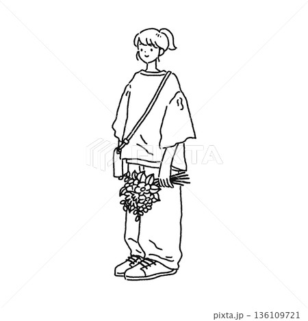 花束を持ったナチュラルコーデの女性 線画 花束を持ったナチュラルコーデの女性 線画 136109721