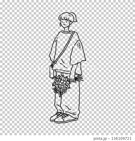 花束を持ったナチュラルコーデの女性 線画 花束を持ったナチュラルコーデの女性 線画 136109721
