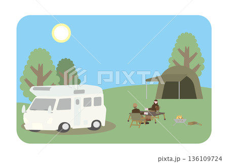 キャンプを楽しむ男女のイラスト（昼） 136109724