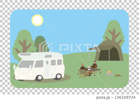 キャンプを楽しむ男女のイラスト（昼） 136109724