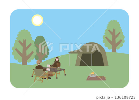 晴天の山でキャンプを楽しむ男女のイラスト 136109725