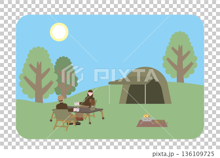 晴天の山でキャンプを楽しむ男女のイラスト 136109725