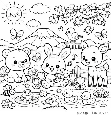 お正月の動物と雪だるま 136109747
