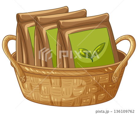 Woven Wicker Basket Containing Three Brown Paper Bags of Green Tea 136109762