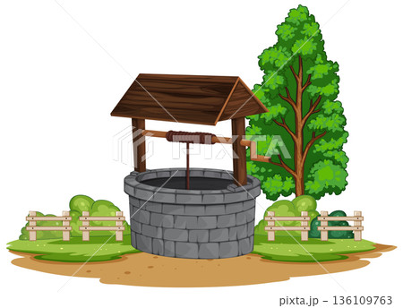 Stone Water Well with Wooden Roof in Countryside Setting 136109763