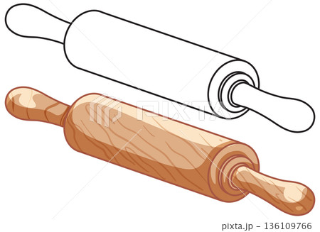 Wooden Rolling Pin Vector Illustration in Color and Line Art Wooden Rolling Pin Vector Illustration in Color and Line Art 136109766