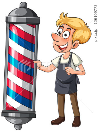 Cartoon Barber Standing Beside Classic Barber Pole 136109772