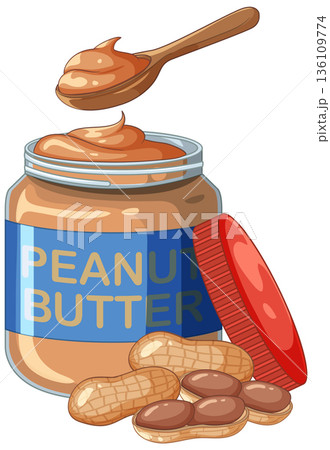 Open Peanut Butter Jar with Wooden Spoon and Whole Peanuts 136109774