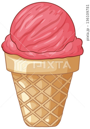 Single Scoop of Pink Strawberry Ice Cream in a Waffle Cone 136109781