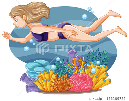 Vector Illustration of a Young Woman Swimming Over a Coral Reef Vector Illustration of a Young Woman Swimming Over a Coral Reef 136109783