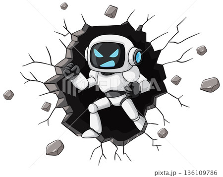 Cartoon Robot Breaking Through Cracked Wall Cartoon Robot Breaking Through Cracked Wall 136109786