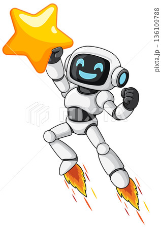Smiling Robot Flying With Star and Jetpack Flames Smiling Robot Flying With Star and Jetpack Flames 136109788